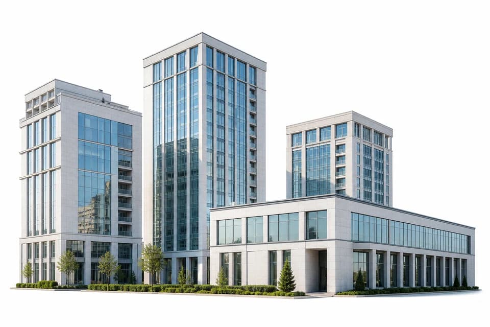 Contemporary business campus buildings in natural light